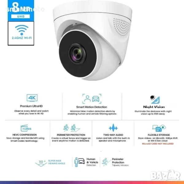 IP Вътрешна 2MP куполна камера Двупосочно аудио със сензор за движение, снимка 1