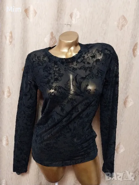 М Черна еластична прозрачна блуза с релефни кадифени цветя , снимка 1