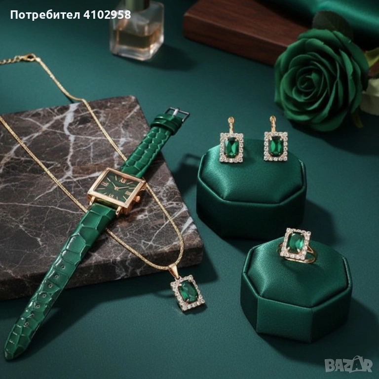 Елегантен комплект часовник и бижута с зелени кристали и златист корпус, снимка 1