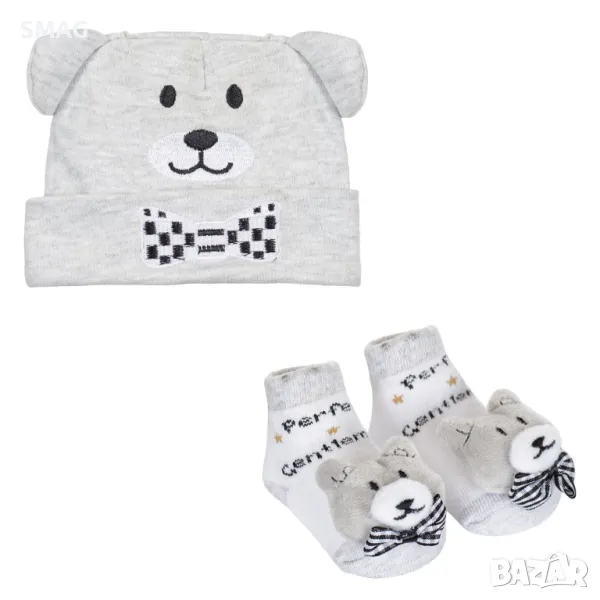 Комплект за новородено за момче Шапка и чорапи 3D плюшено мече сиво S_1205353, снимка 1
