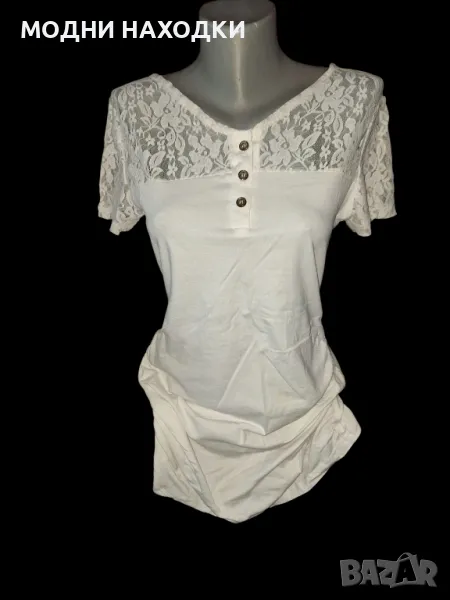 Еластична,бяла тениска с дантела, снимка 1