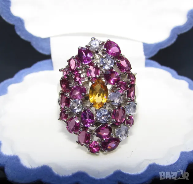 925 сребърен пръстен с цитрин, родонит и танзанит. Халка 8.5/58/18.5. подходящ за подарък, снимка 1