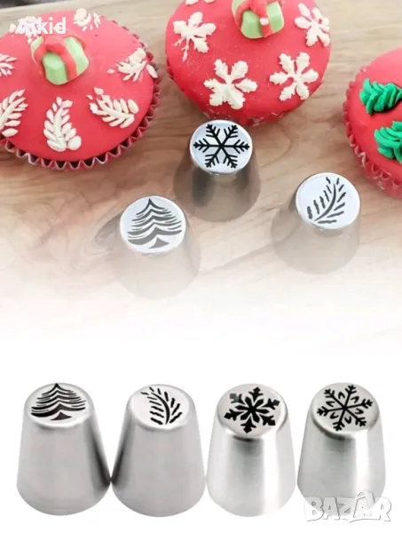4 бр коледни елха бор снежинка накрайник пош шприц руска дюза за украса декор торта фондан шоколад , снимка 1
