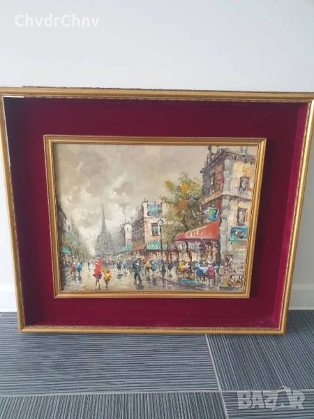 75х65см/стара картина масло върху платно/градски пейзаж/Париж-кафенета/дървена рамка, снимка 1