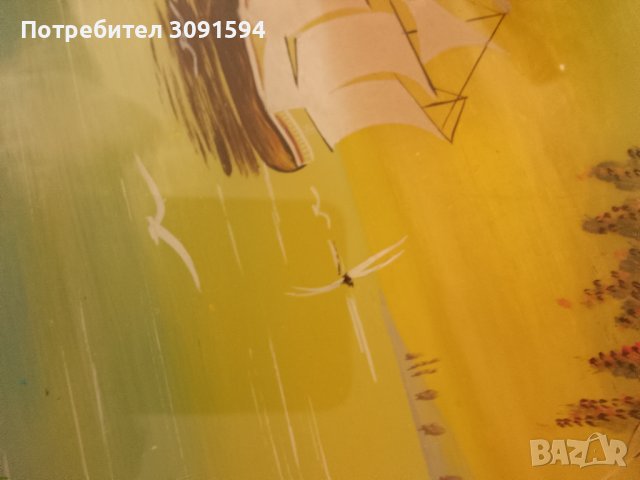 красива картина пейзаж рисувана от вътрешната страна на стъклото със дървена винтидж рамка , снимка 17 - Антикварни и старинни предмети - 44398853