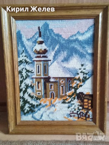 СТАР ГОБЛЕН НЕМСКА ЦЪРКВА ЗИМЕН ПЛАНИНСКИ ПЕЙЗАЖ в ДЪРВЕНА РАМКА 30918