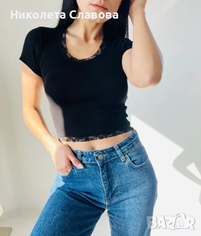 Къса дамска секси тениска с дантела на ръкавите /, снимка 1