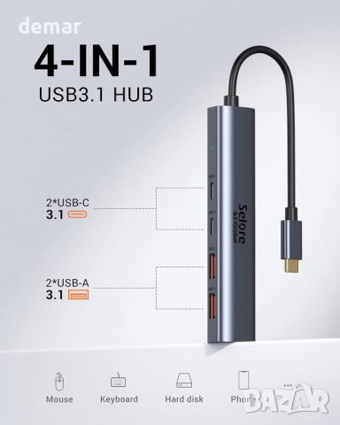 10Gbps USB C хъб, USB C към USB C/A, 4 порта (НЕ поддържа зареждане и монитор), снимка 3 - Кабели и адаптери - 42136562