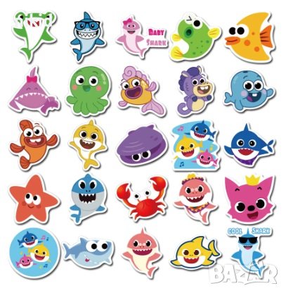50 бр Бебе Акули Baby Shark океан самозалепващи лепенки стикери за украса декор, снимка 3 - Други - 36614685