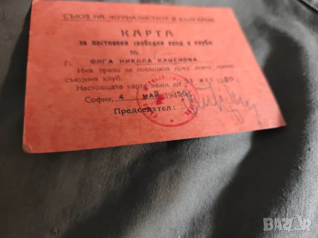 Карта Клуб на журналистите в България 1950