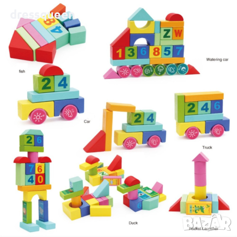 4124 Комплект от 50 части цветни дървени блокчета конструктор с кофа за съхранение, снимка 3 - Конструктори - 44614596