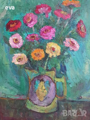 НЕВЕНА ДИМИТРОВА 1927 Натюрморт с Астри 1970те години, снимка 3 - Картини - 39155055