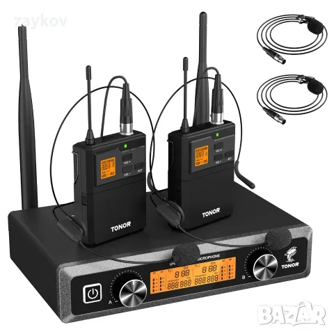 TONOR TW822 UHF безжична микрофонна система със слушалки/лавалиерни микрофони за ревер, предавател з