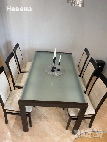Трапезарна стъклена маса със 6 стола, снимка 2 - Маси - 53898020