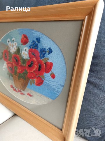 Гоблен -макове,с рамка от естествено дърво, снимка 4 - Гоблени - 40683863