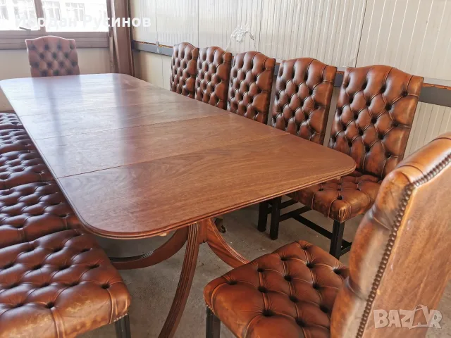 Оригинален луксозен комплект 12 Chesterfield стола с маса от махагон, снимка 8 - Столове - 52389880