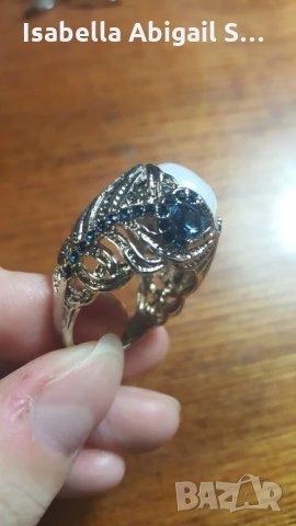 Масивен посребрен пръстен със сапфири и лунен камък, снимка 4 - Пръстени - 31630806