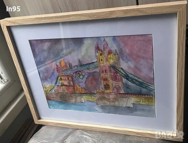 Tower Bridge – оригинална акварелна картина с рамка и паспарту, снимка 6 - Картини - 55893891