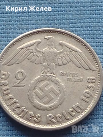 Сребърна монета 2 райхсмарки 1938г. Нацистка Германия със СВАСТИКА 39637, снимка 5 - Нумизматика и бонистика - 42763477
