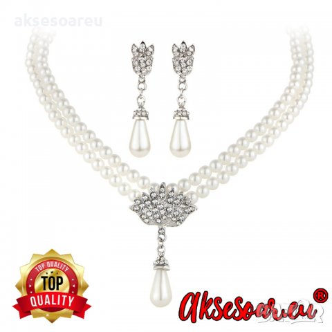 Елегантни комплекти булчински бижута със симулирана перла, КОЛИЕ+ОБЕЦИ, Сватбени комплекти бижута за, снимка 4 - Колиета, медальони, синджири - 37659814