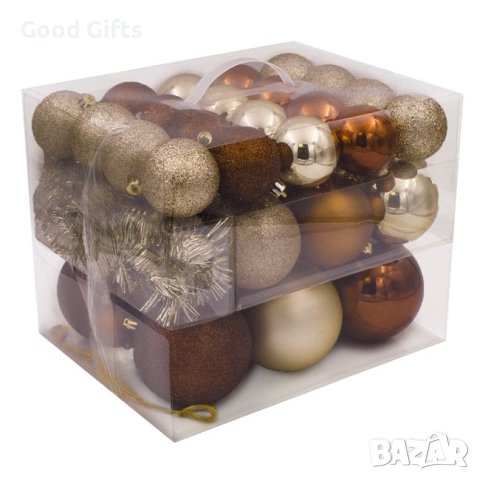 52 броя Комплект коледни топки + гирлянд, Шампанско и Бронз в 4 размера 