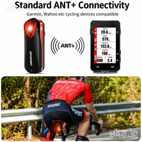Задна SMART LED стоп светлина с радар IGPSPORT SR30, Bluetooth/ANT+, IPX7, снимка 5 - Аксесоари за велосипеди - 54344114