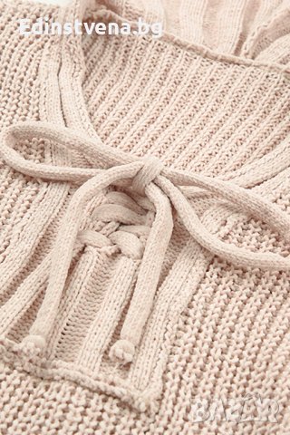 Дамски накъсан пуловер в бежово, с качулка и връзки, снимка 8 - Блузи с дълъг ръкав и пуловери - 44321117