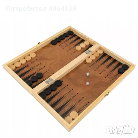 Дървен комплект 3 в 1 – Шах, дама и табла със сгъваема дървена кутия и фигури 