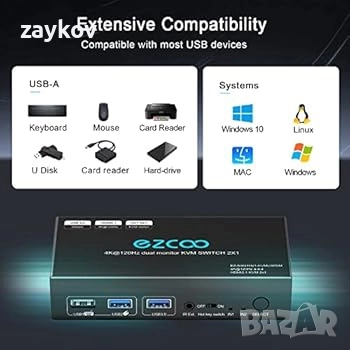 HDMI KVM превключвател за два монитора 4K 60Hz USB 3.0 2 порта с клавишна комбинация, снимка 3 - Друга електроника - 47200074