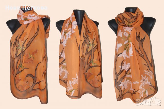 Рисуван копринен шал ИКЕБАНА, снимка 2 - Шалове - 37852232