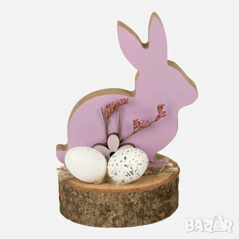 Великденска дървена декорация – лилав заек с сухи цветя и яйца, 7x2x10 см._1233636, снимка 2 - Декорация за дома - 54224748