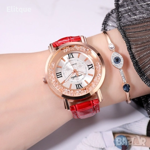 Дамски ръчен часовник с кръгъл циферблат с камъни и к. каишка. бял, червен, лилав, син, черен, розов, снимка 6 - Дамски - 52819449