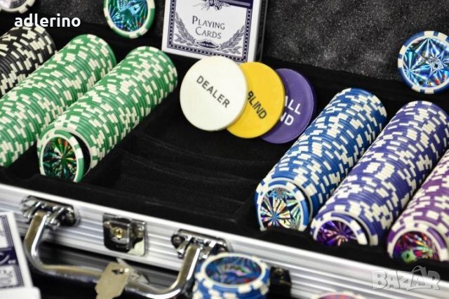 Комплект за Покер, куфар, чипове, зарове, тестета, 500 чипа, закръглени чипове, снимка 4 - Други игри - 34150192