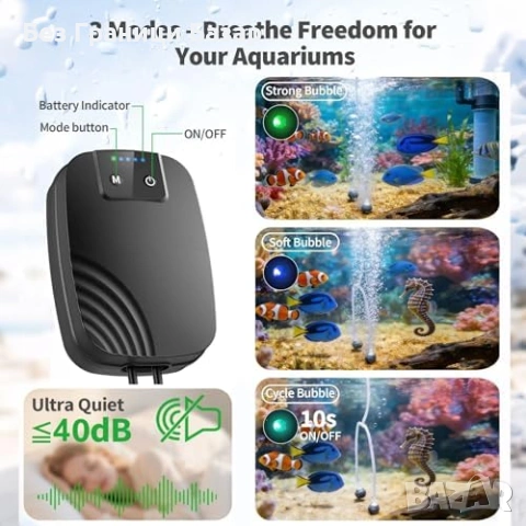 Нов Аератор за езеро и аквариум 40dB с батерия и въздушни камъни Кислородна помпа, снимка 4 - Други - 54197672