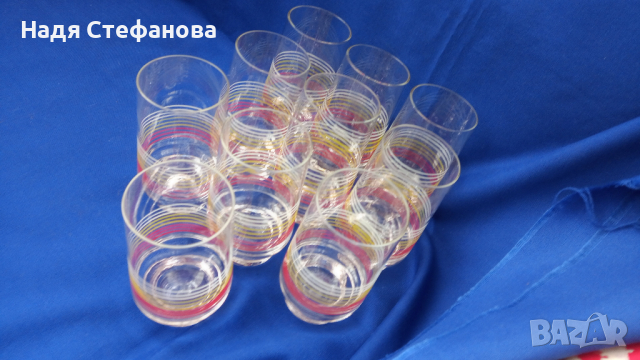 Ретро стъклени чаши за безалкохолно, цветни кантове – 10 бр, снимка 5 - Чаши - 44530284