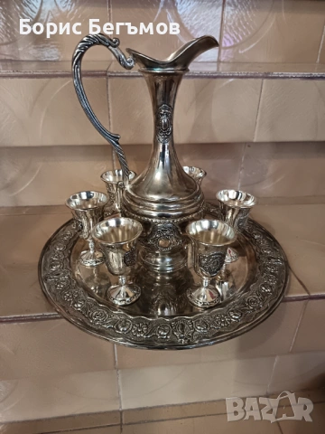 Посребрен комплект 6 бр.чаши с кана за аперитив, снимка 6 - Сервизи - 53068760