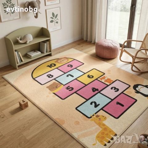 Детски килим "Високият Жираф" 120х160см – Пясъчен с Розова Дама за игра, Противоплъзгащ и Миещ се, снимка 4 - Други - 53881875