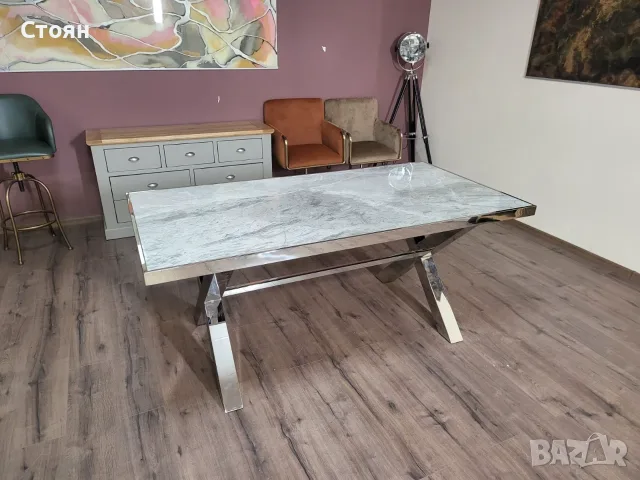 Метална мраморна трапезна маса - сиво и бяло