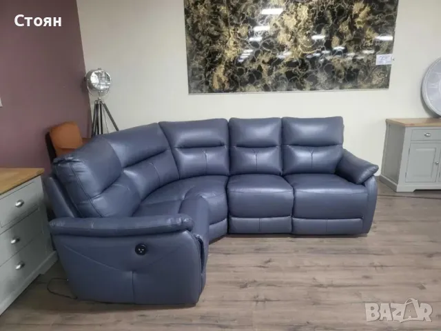 ПРОМОЦИЯ!!! Син кожен ъглов диван "Albion" с електрически релаксиращ механизъм, снимка 12 - Дивани и мека мебел - 47582492