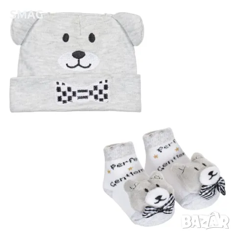 Комплект за новородено за момче Шапка и чорапи 3D плюшено мече сиво S_1205353