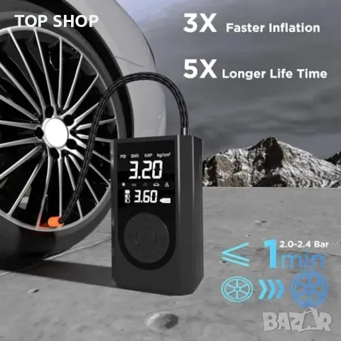 Нов Мощен компресор за гуми 150PSI, 8000mAh, LED дисплей, 12V Помпа кола, снимка 2 - Друга електроника - 49945109
