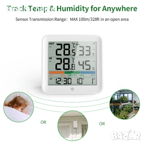 VOCOO Термометър  вътрешен и външен, хигрометър  с 1 дистанционен сензор, снимка 5 - Друга електроника - 51835358