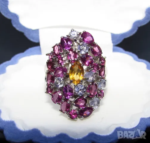 925 сребърен пръстен с цитрин, родонит и танзанит. Халка 8.5/58/18.5. подходящ за подарък, снимка 1