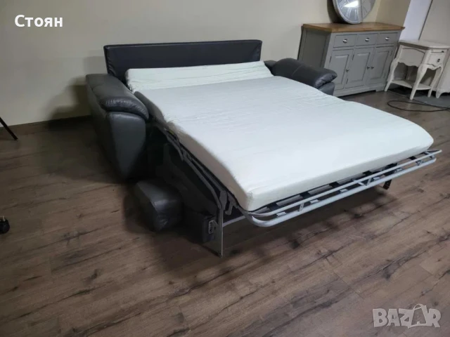 Сив кожен диван тройка с функция сън, снимка 5 - Дивани и мека мебел - 50887109