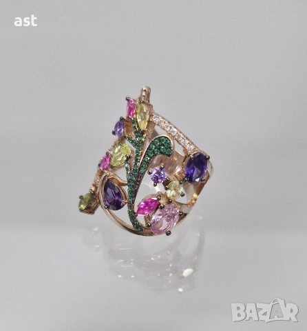 Сребърен пръстен с разноцветни камъни, снимка 2 - Пръстени - 53914009