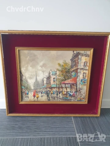 75х65см/стара картина масло върху платно/градски пейзаж/Париж-кафенета/дървена рамка