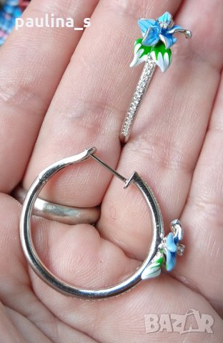 Японски, дизайнерски сребърни обеци с циркони и ръчно рисуван емайл 925 , снимка 5 - Обеци - 29262795