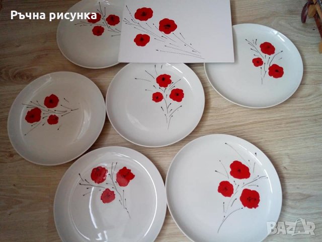 6 броя ръчно рисувани чинии"Макове" и картина "МАКОВЕ" комплект за общо 50лв, снимка 1