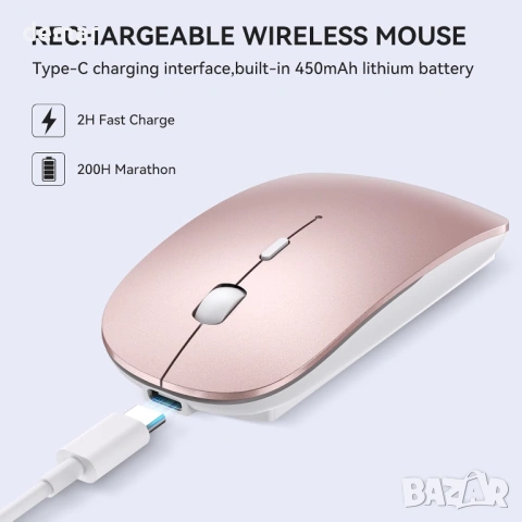 Безжична мишка RaceGT USB C и USB A, преносима, лека, оптична, регулируеми DPI, розова, снимка 2 - Клавиатури и мишки - 54065563