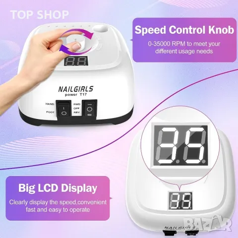 Професионална пила за маникюр- педикюр NAILGIRLS T17- 35000RPM, снимка 8 - Педикюр и маникюр - 49426068